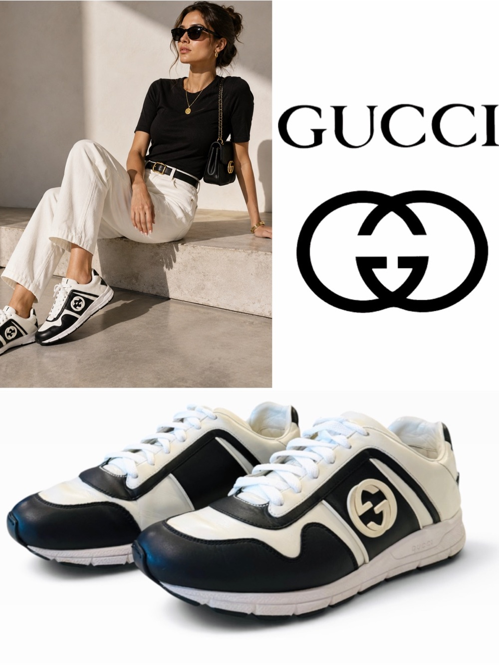 Gucci Black & White Leather Logo Runner Sneakers